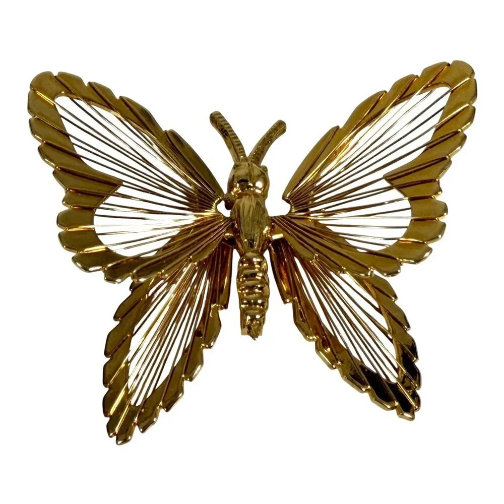 Vintage Signed MONET Golden Butterfly Brooch Pin Open Wire Layered Wings 2